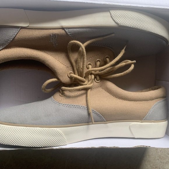 Mens Polo Ralph Lauren canvas and leather Boat shoes SZ 9.5  New! Polo Ralph Lauren Men’s Size 9.5D Brown Blue Pony Sport Canvas Shoes